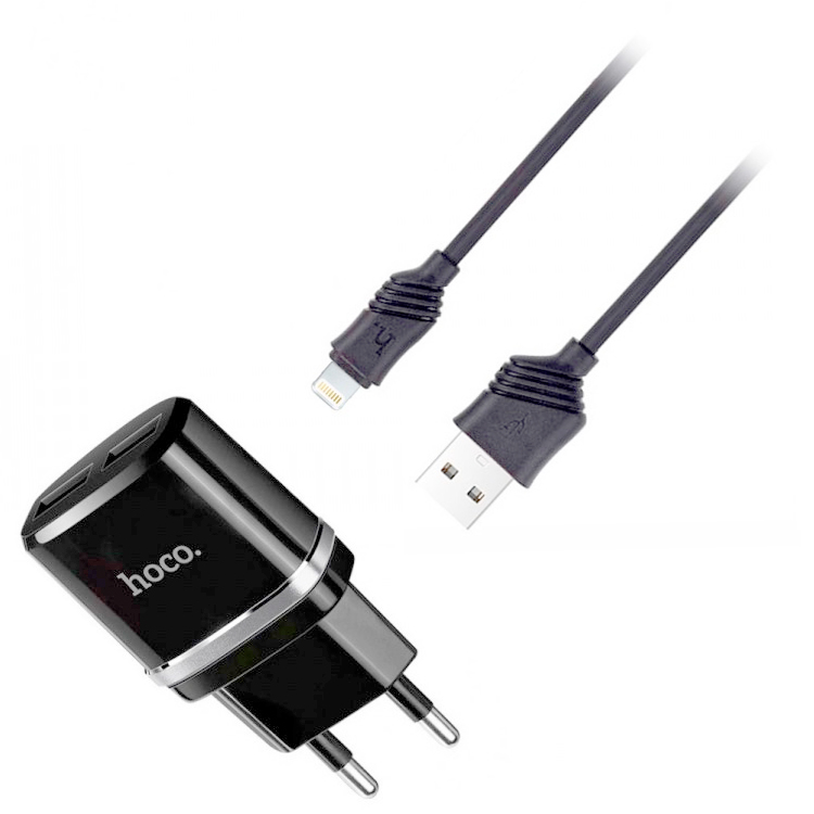 Блок питания сетевой 2 USB HOCO, C12, 2400mA, пластик, кабель Apple 8 pin, чёрный (C12 BLK 8pin)