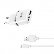 Блок питания сетевой 2 USB HOCO, C12, 2400mA, пластик, кабель Apple 8 pin, белый (C12 WHT 8pin)