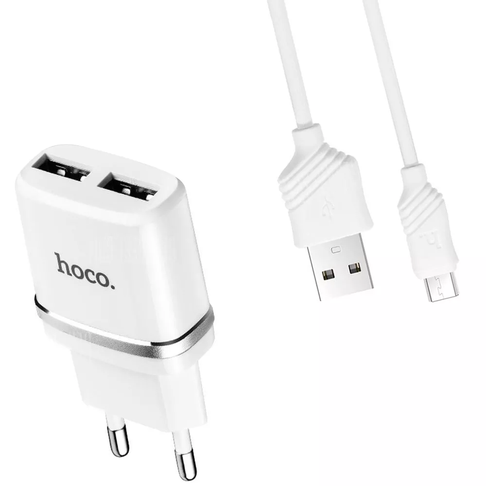 Блок питания сетевой 2 USB HOCO, C12, 2400mA, пластик, micro USB, белый  (C12 WHT micro) купить в интернет магазине. Характеристики блок питания  сетевой 2 usb hoco, c12, 2400ma, пластик, micro usb, белый (